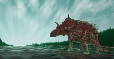 Framed Xenoceratops in the Shallow Waters of a Prehistoric River Print