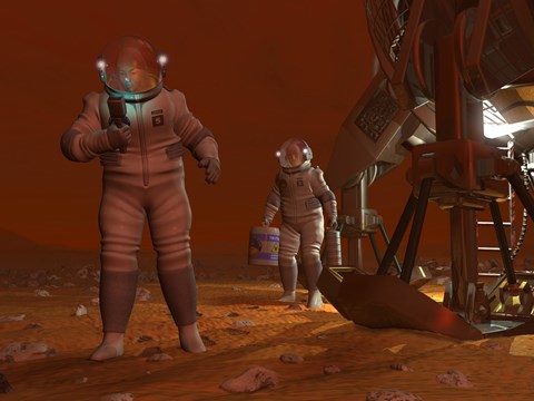 Framed Artist&#39;s concept of Astronauts Exploring the Surface of Saturn&#39;s Moon Titan Print