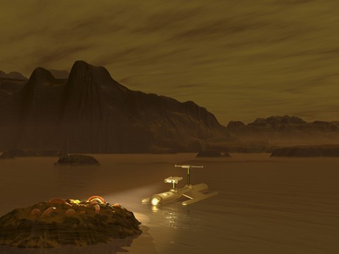 Framed Artist&#39;s concept of a Robotic Probe Exploring a Frigid Ethane Lake on Titan Print