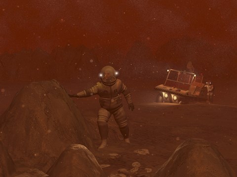 Framed Illustration of Astronauts Exploring the Surface of Saturn&#39;s Moon Titan During a Blizzard Print