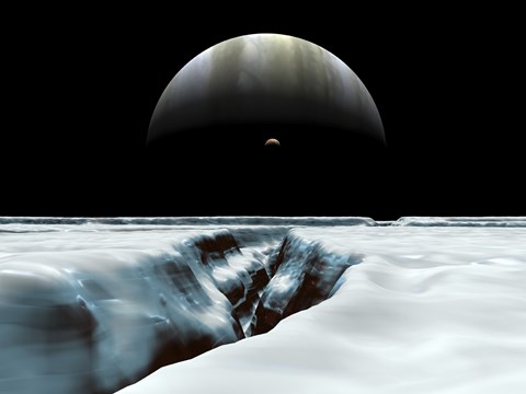 Framed Crescent Jupiter and Volcanic Satellite, Io, Hover over the Horizon of the Icy Moon of Europa Print
