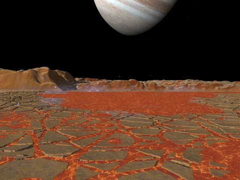 Framed Artist&#39;s concept of a view Across a Pool of Lava on the Surface of Lo, Towards Jupiter Print