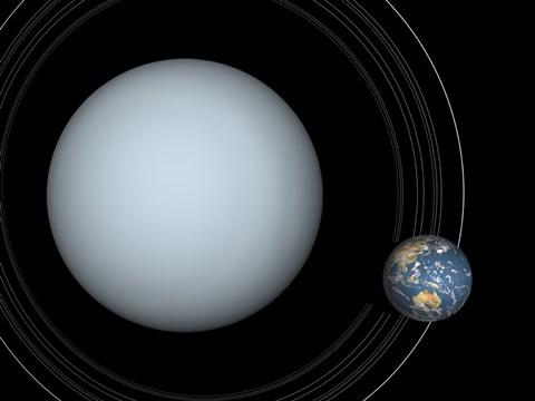 Framed Artist&#39;s concept of Uranus and Earth to scale Print