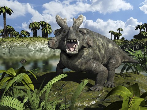 Framed Estemmenosuchus Mirabilis Stands Before a Lake 255 Million years ago Print