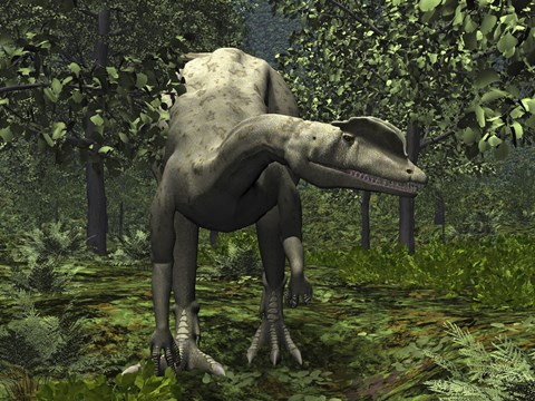 Framed Dilophosaurus Amidst Ginkgo Trees Print