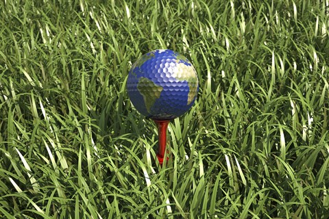 Framed 3D Rendering of an Earth Golf Ball on Tree in the Grass Print