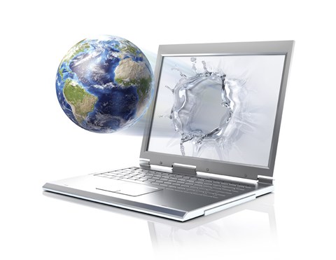 Framed Planet Earth Globe Coming Out From a Laptop Computer Print