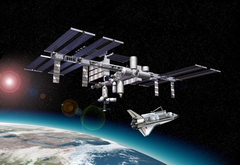 Framed Space Station in Orbit Around Earth with Space Shuttle Print