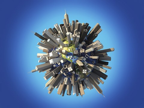 Framed Planet Earth Covered by Huge Skyscrapers and Buildings Print
