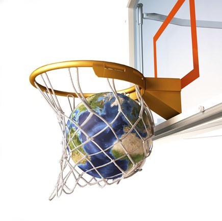 Framed 3D Rendering of Planet Earth Falling Into a Basketball Hoop Print