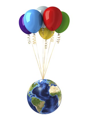 Framed Planet Earth Lifted by a Bunch of Flying Multicolored Balloons Print