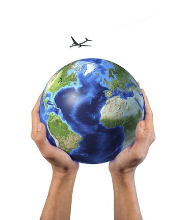 Framed Man&#39;s Hands Holding the Planet Earth, with a Jet Aircraft Flying Above Print