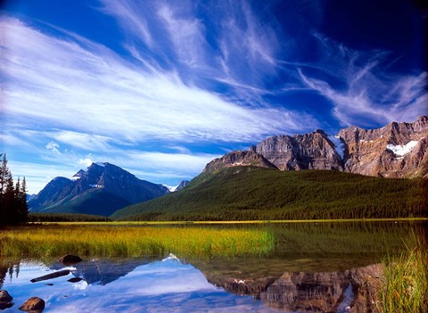 Framed Waterfowl Lake and Rugged Rocky Mountains, Banff National Park, Alberta, Canada Print