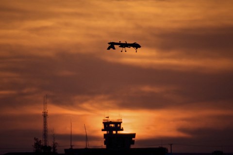 Framed MQ-1 Predator over COB Speicher at Sunset, Tikrit, Iraq Print