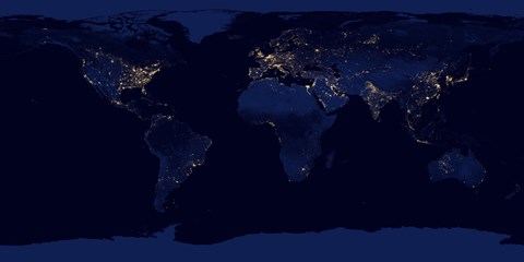 Framed Flat Map of Earth Showing City Lights of the World at Night Print