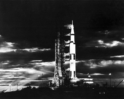 Framed Searchlights Illuminate this Nighttime view of Apollo 17 Spacecraft on its Launchpad Print