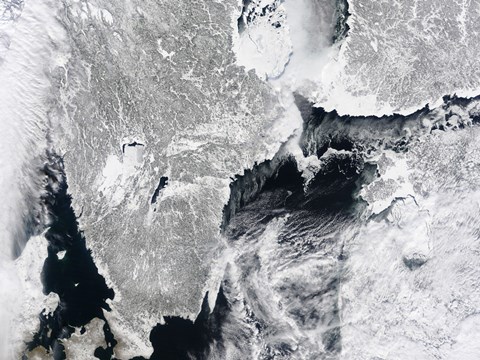 Framed Sea ice lines the Coasts of Sweden and Finland in this Satellite View Print