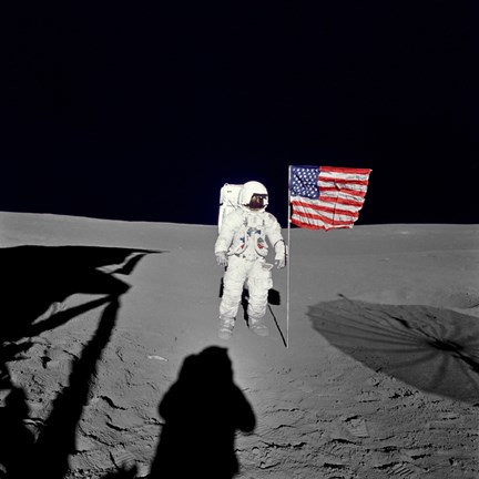 Framed Apollo 14 Astronaut Stands by the American Flag on the Lunar Surface Print