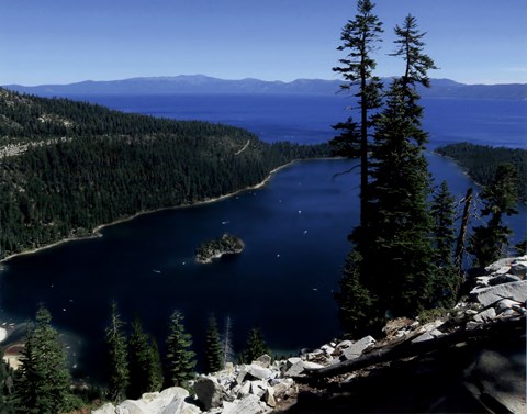 Framed Emerald Bay lies near South Lake Tahoe, California Print