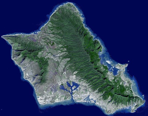 Framed Satellite Image of Oahu, Hawaii Print