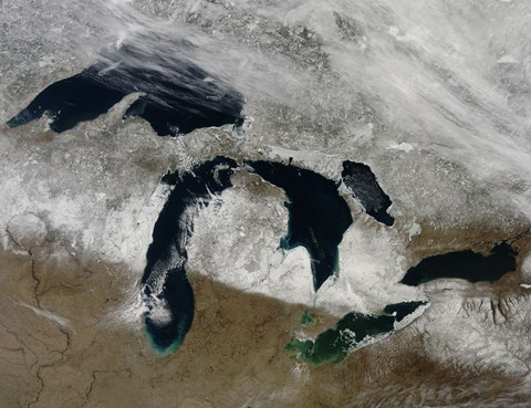 Framed Satellite View of Snow Across Wisonsin, Michigan and Canada Print