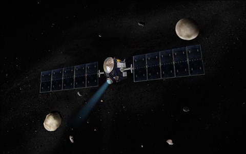 Framed Artist&#39;s Concept of the Dawn Spacecraft in Orbit around the Large Asteroid Vesta and the Dwarf Planet Ceres Print
