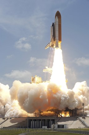 Framed Space shuttle Atlantis lifts off from Kennedy Space Center&#39;s Launch Pad 39A into orbit Print