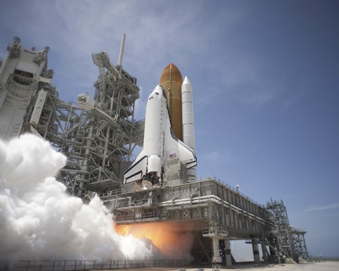 Framed Exhaust Plume forms under the Mobile Launcher Platform on Launch Pad 39A as Space Shuttle Atlantis lifts off into Orbit Print