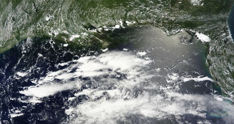 Framed Satellite View of Oil Leaking from the Damaged Deepwater Horizon well in the Gulf of Mexico Print