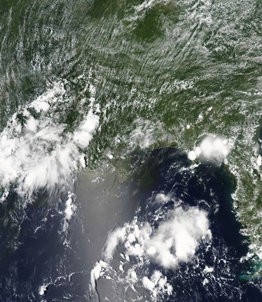 Framed Satellite view of the Gulf of Mexico speckled and streaked with small clouds Print