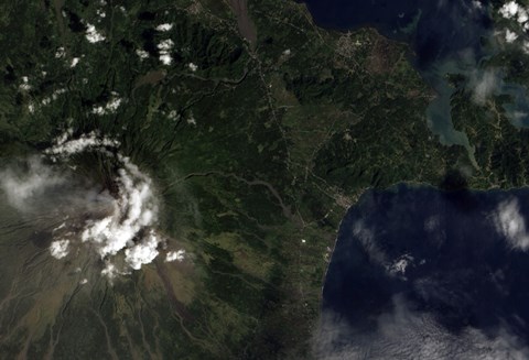 Framed Satellite view of Mayon Volcano Emitting a Thin Volcanic Plume Print