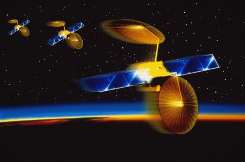 Framed Illustration of Satellites over Earth's Horizon Print