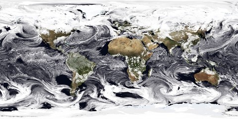 Framed Cylindrical Equidistant Projection of Visualization Showing Clouds Across the World Print
