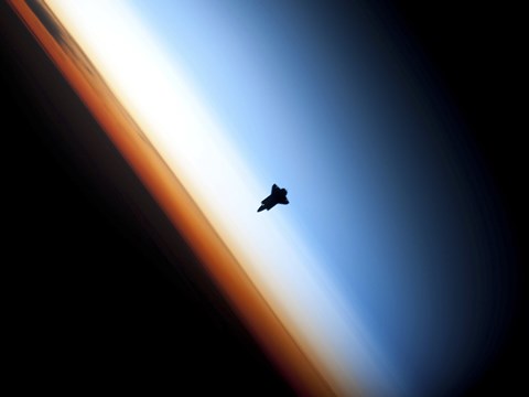 Framed Silhouette of Space Shuttle Endeavour over Earth&#39;s Colorful Horizon Print