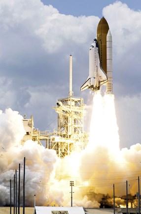 Framed Space Shuttle Atlantis lifts off from its Launch Pad toward Earth Orbit Print