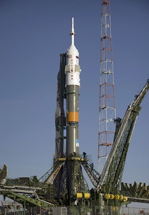 Framed Soyuz Rocket is Erected into Position at the Launch Pad at the Baikonur Cosmodrome in Kazakhstan Print