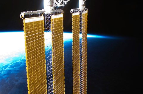 Framed Partial View of International Space Station Solar Panels and Earth&#39;s Horizon Print