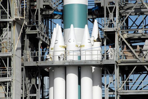 Framed Solid Rocket Boosters are Attached to the Delta II Rocket in the Mobile Service Tower Print