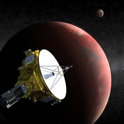 Framed Artist&#39;s Concept of the New Horizons Spacecraft as it Approaches Pluto and its Largest Moon, Charon Print