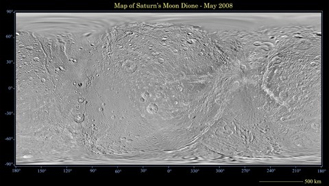 Framed Global Map of Saturn&#39;s Moon Dione Print