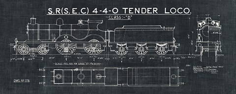 Framed Train Blueprint II Black Print