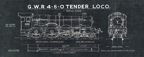 Framed Train Blueprint III Black Print
