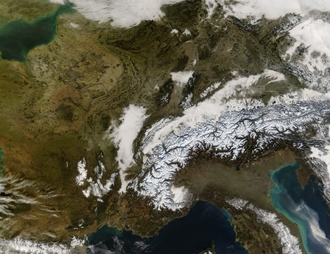 Framed True-Color view of Snow, Fog, and Low Clouds in Western Europe Print