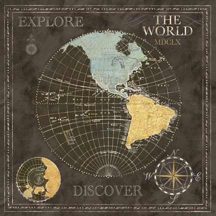 Framed Old World Journey Map Black I Print