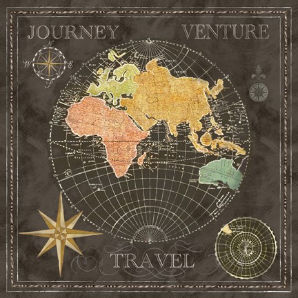 Framed Old World Journey Map Black II Print