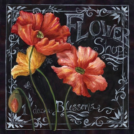 Framed Flowers in Bloom Chalkboard I Print