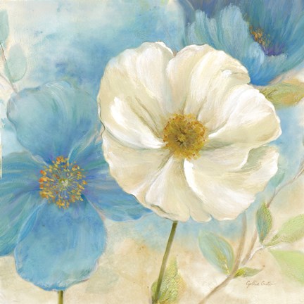 Framed Watercolor Poppies I (Blue/White) Print