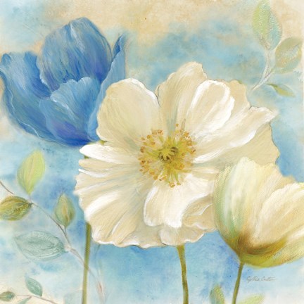 Framed Watercolor Poppies II (Blue/White) Print