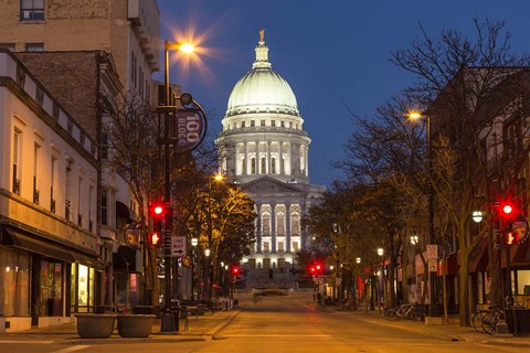 Framed Looking down State Street in downtown Madison, Wisconsin Print