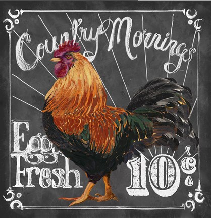 Framed Rooster on Chalkboard I Print